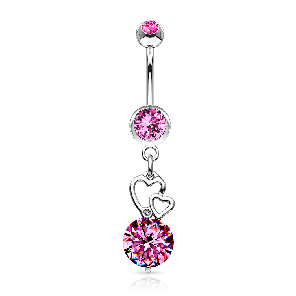 316L Surgical Steel Extra Large CZ With Floating Hearts Belly Button Ring - Pink