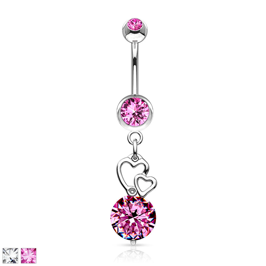 316L Surgical Steel Extra Large CZ With Floating Hearts Belly Button Ring - all colors