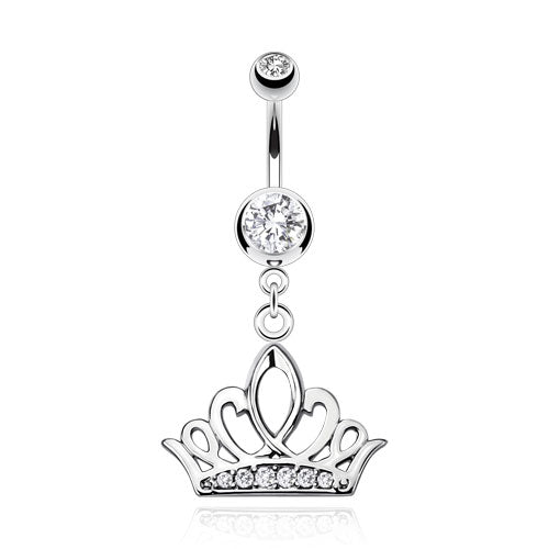 316L Surgical Steel Tiara Crown With Multi CZ Paved Belly Button Ring - Clear