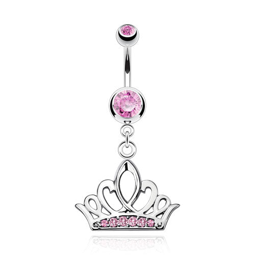 316L Surgical Steel Tiara Crown With Multi CZ Paved Belly Button Ring - Pink