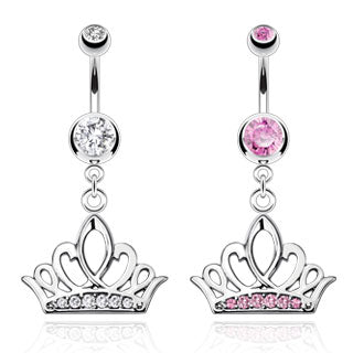 316L Surgical Steel Tiara Crown With Multi CZ Paved Belly Button Ring - all colors