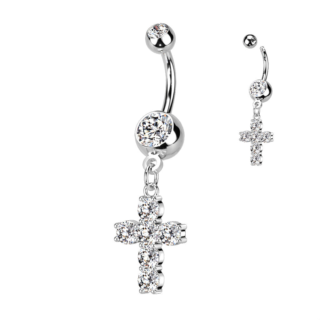 316L Surgical Steel Cross Dangle Double Jeweled Belly Button Ring - Clear