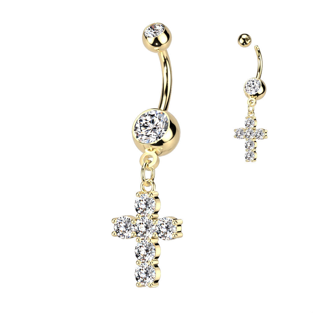 316L Surgical Steel Cross Dangle Double Jeweled Belly Button Ring - Gold/Clear