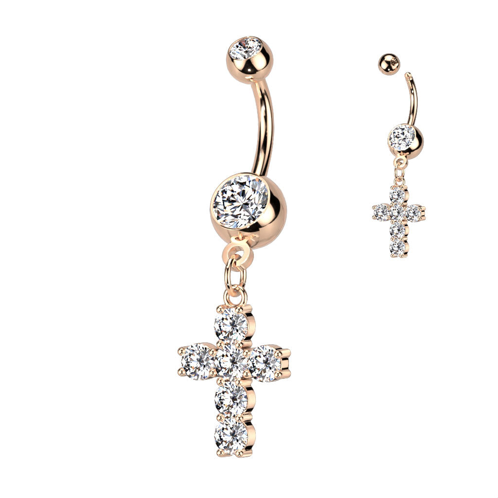 316L Surgical Steel Cross Dangle Double Jeweled Belly Button Ring - Rose Gold/Clear