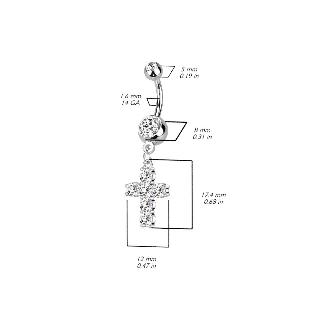 316L Surgical Steel Cross Dangle Double Jeweled Belly Button Ring size chart