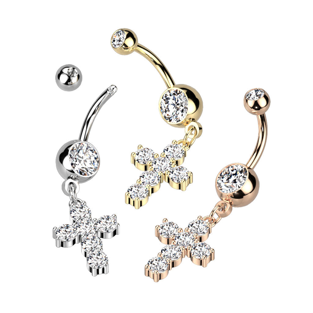 316L Surgical Steel Cross Dangle Double Jeweled Belly Button Ring - all colors