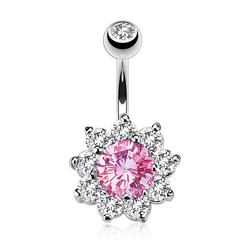 316L Surgical Steel Flower Multi CZ Prong Set Belly Button Ring