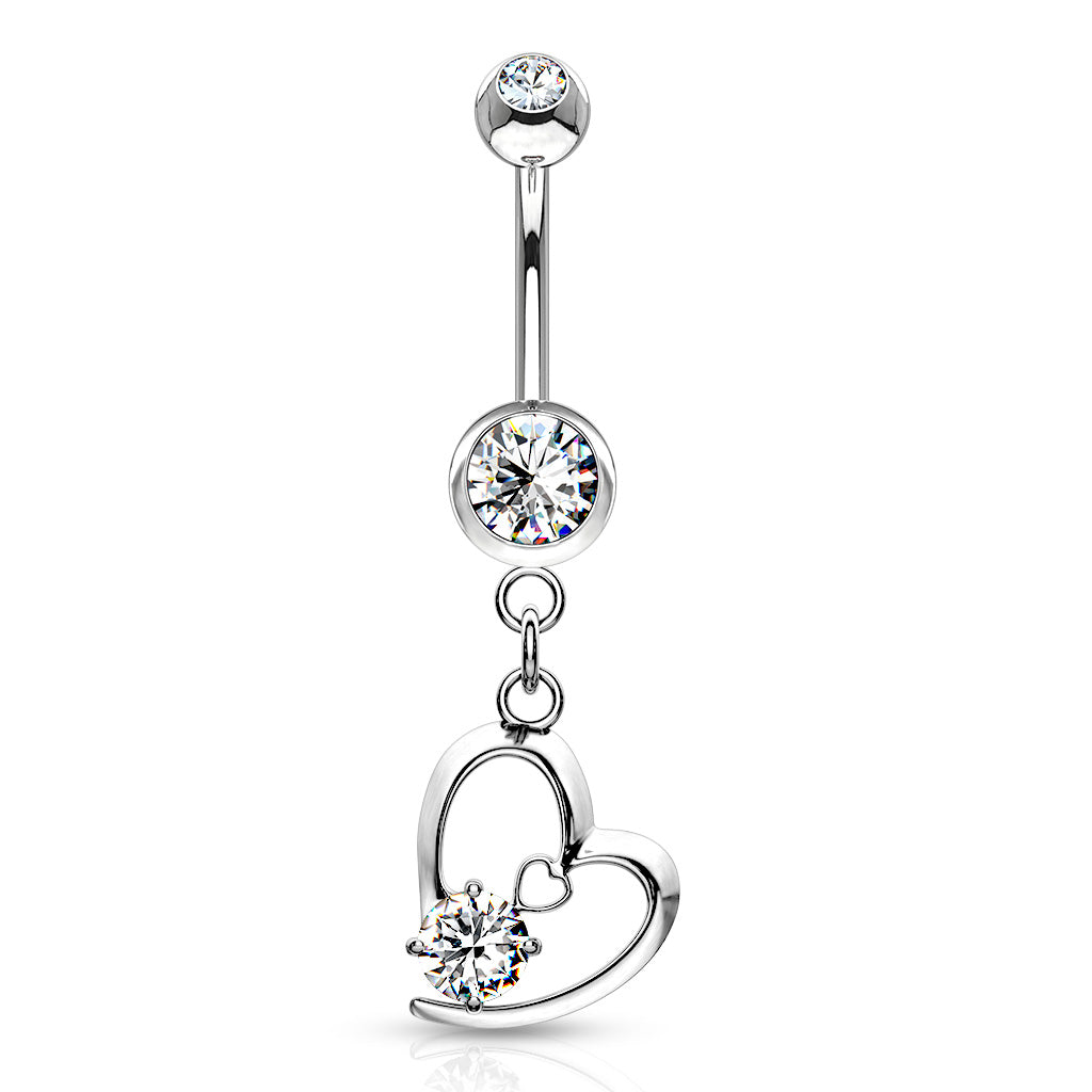 316L Surgical Steel Hollow Heart With Prong CZ Dangle Belly Button Ring - Clear