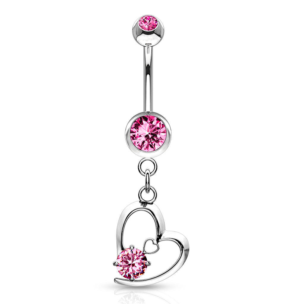 316L Surgical Steel Hollow Heart With Prong CZ Dangle Belly Button Ring - Pink