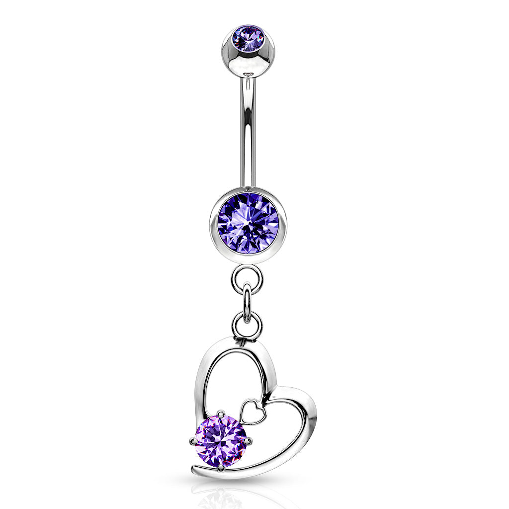316L Surgical Steel Hollow Heart With Prong CZ Dangle Belly Button Ring - Tanzanite