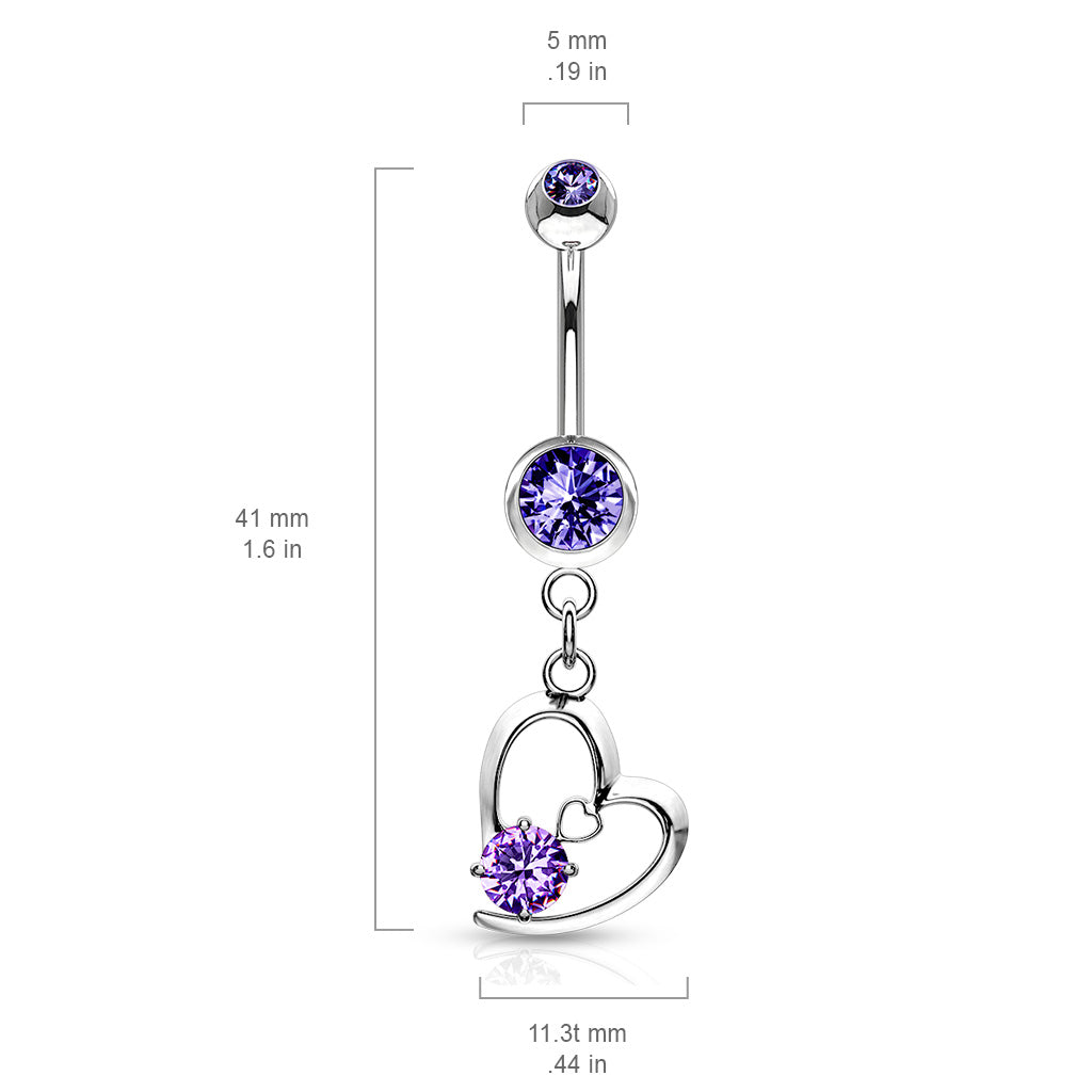 316L Surgical Steel Hollow Heart With Prong CZ Dangle Belly Button Ring size chart