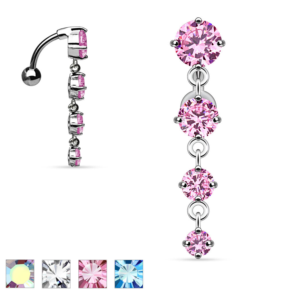 316L Surgical Steel 4-Vertical CZ Top-Drop Belly Button Ring - all colors