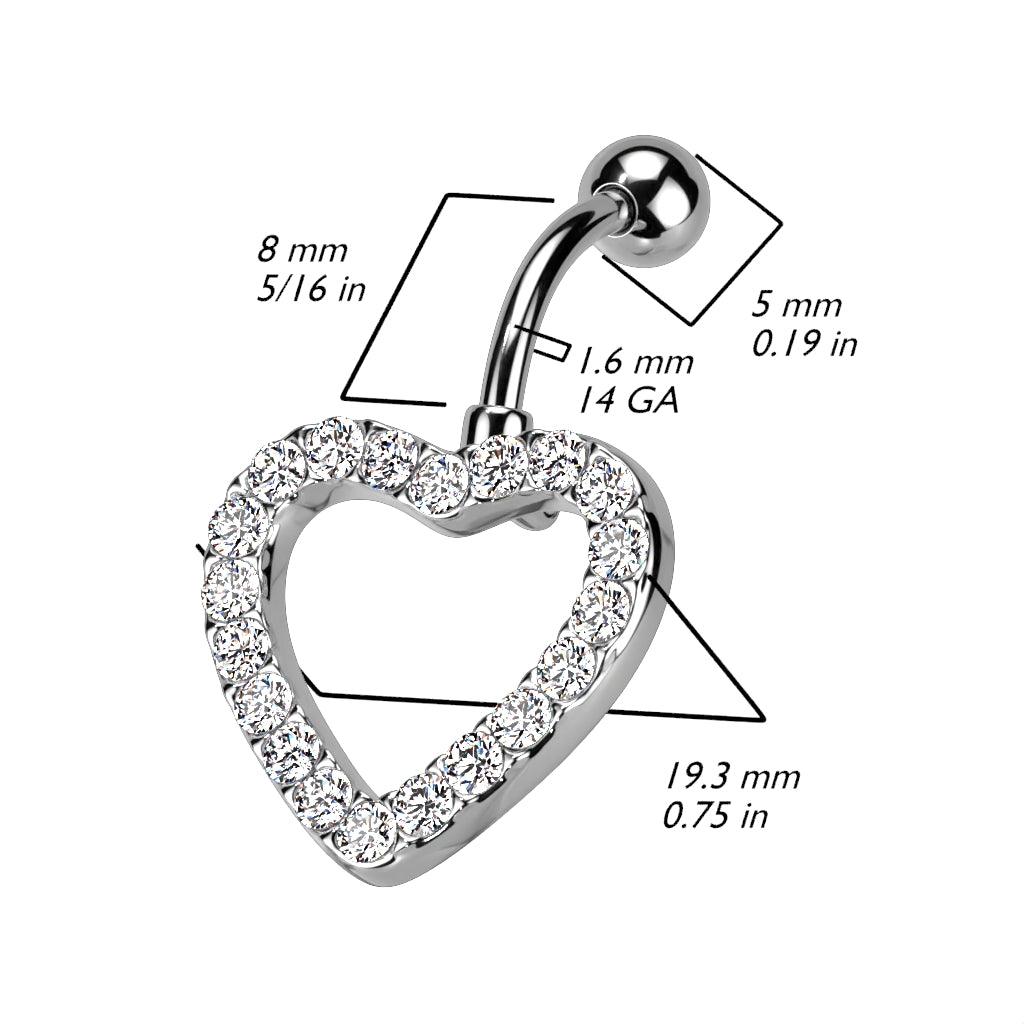 316L Surgical Steel Heart CZ Paved With Swinging Top Down Belly Button Ring size chart