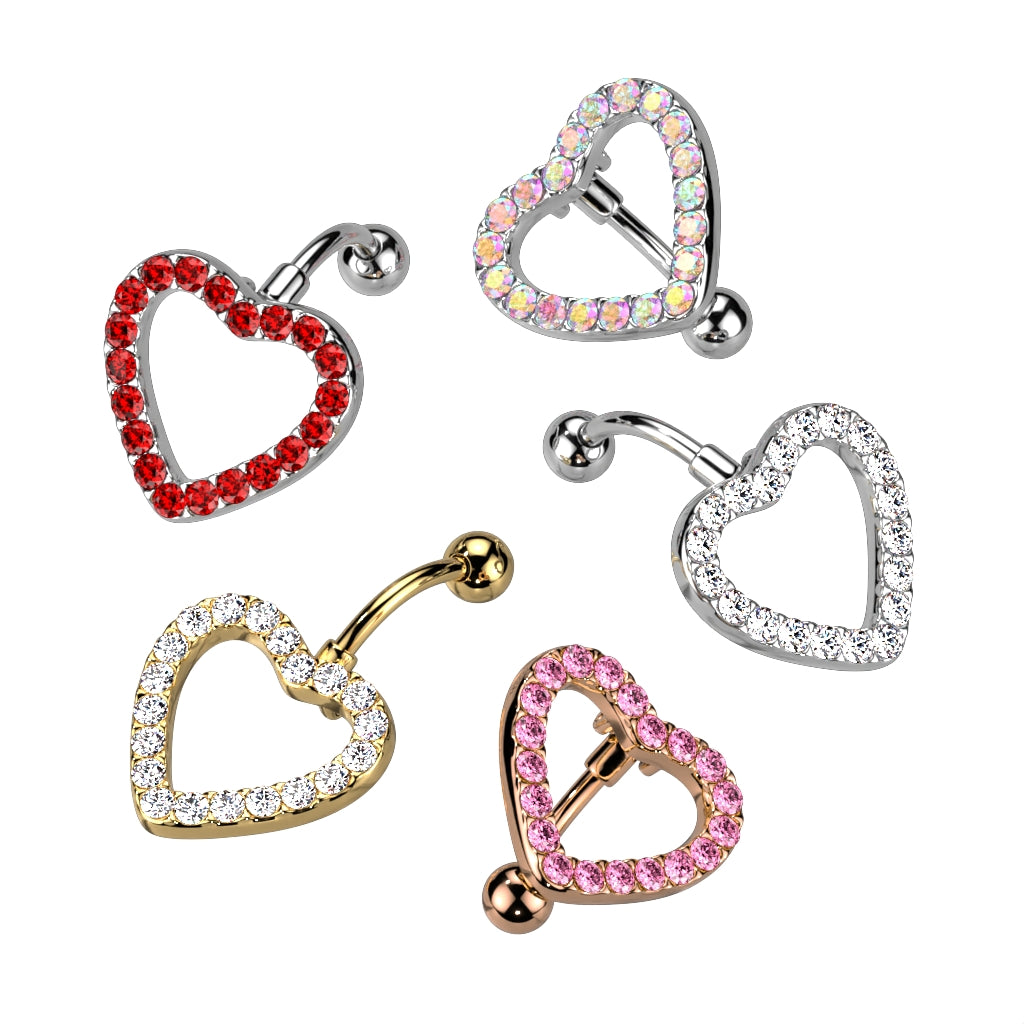 316L Surgical Steel Heart CZ Paved With Swinging Top Down Belly Button Ring - all colors
