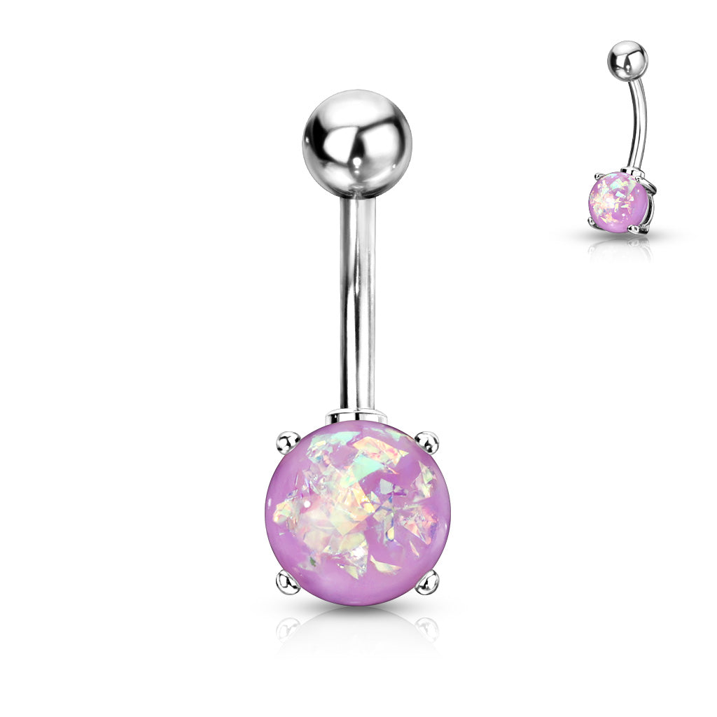 316L Surgical Steel Opal Glitter Prong Set Belly Button Ring - Purple