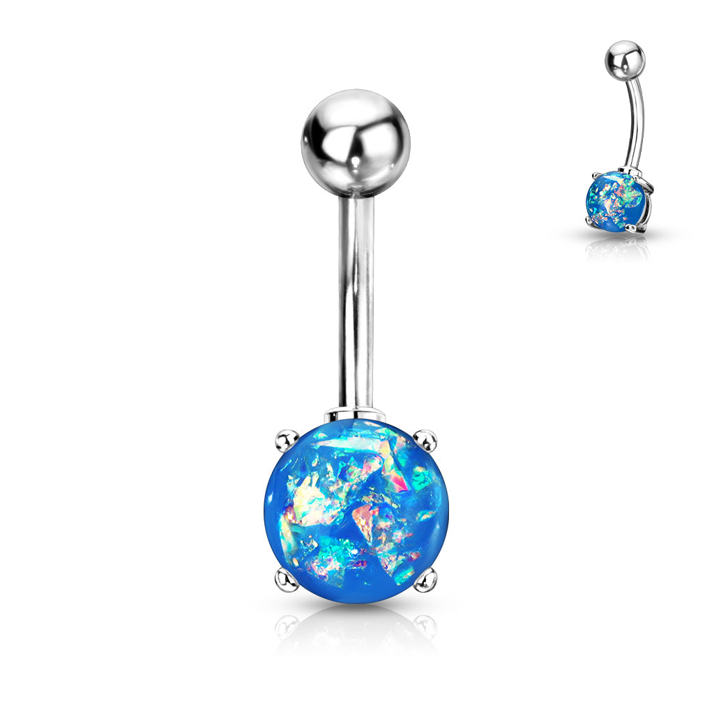 316L Surgical Steel Opal Glitter Prong Set Belly Button Ring - Blue