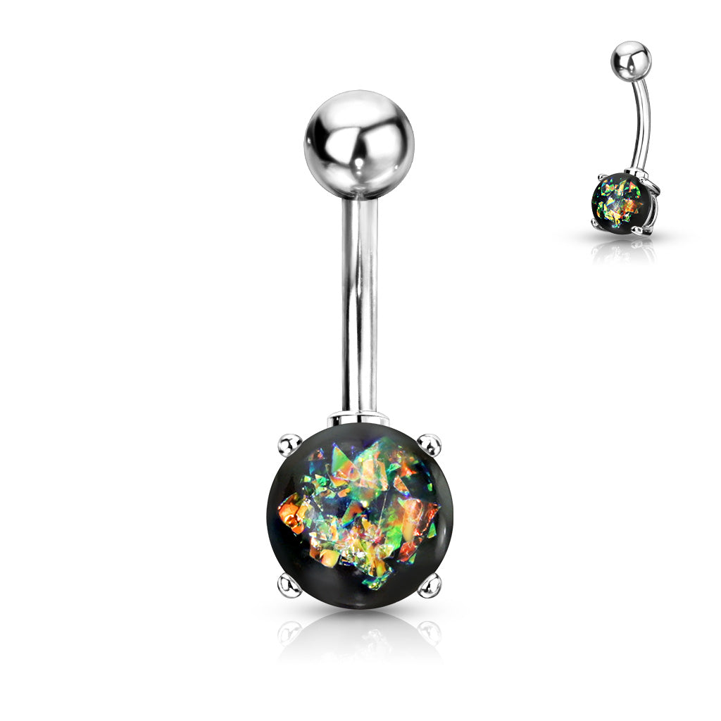316L Surgical Steel Opal Glitter Prong Set Belly Button Ring - Dark Green