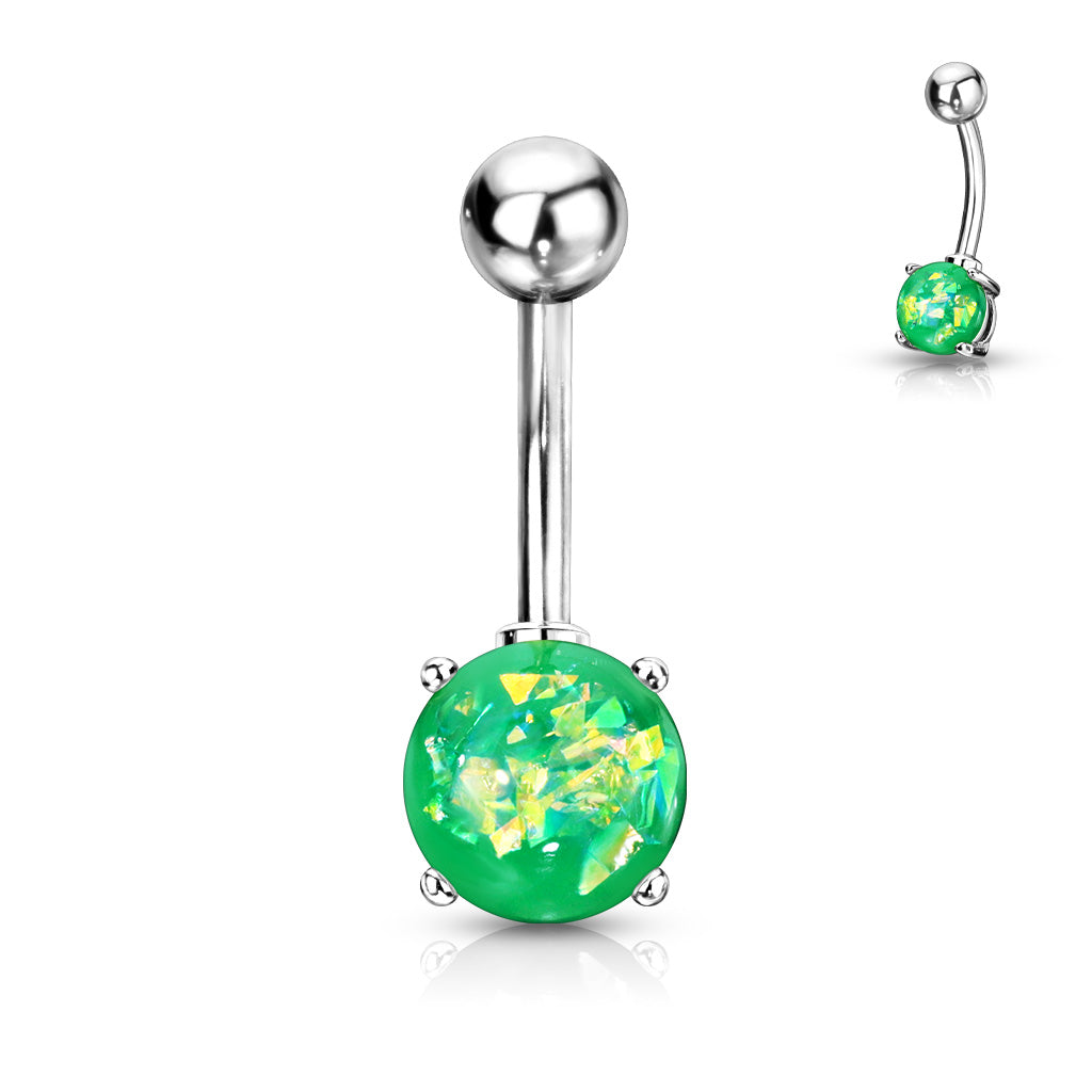 316L Surgical Steel Opal Glitter Prong Set Belly Button Ring - Green