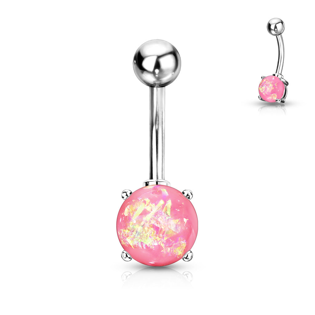 316L Surgical Steel Opal Glitter Prong Set Belly Button Ring - Pink