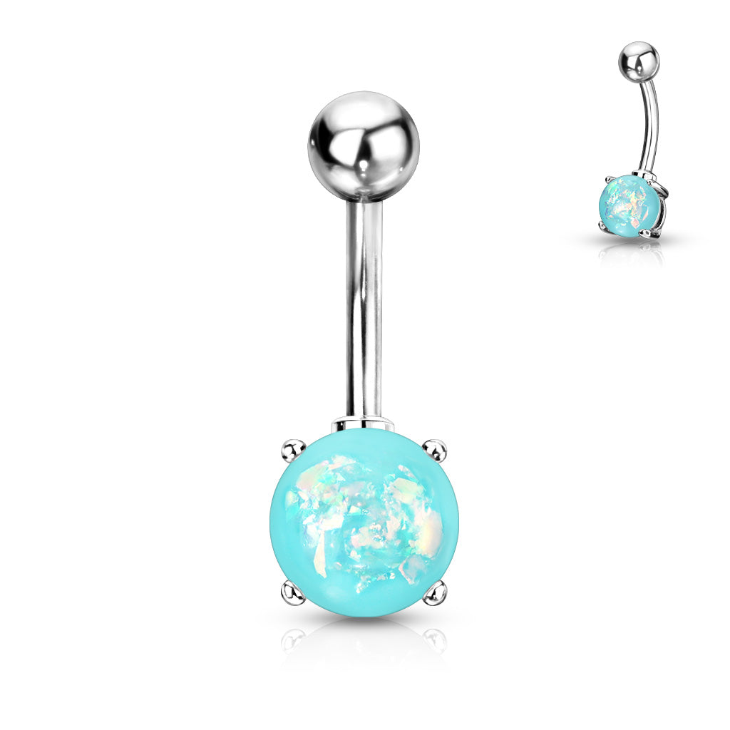 316L Surgical Steel Opal Glitter Prong Set Belly Button Ring - Aqua