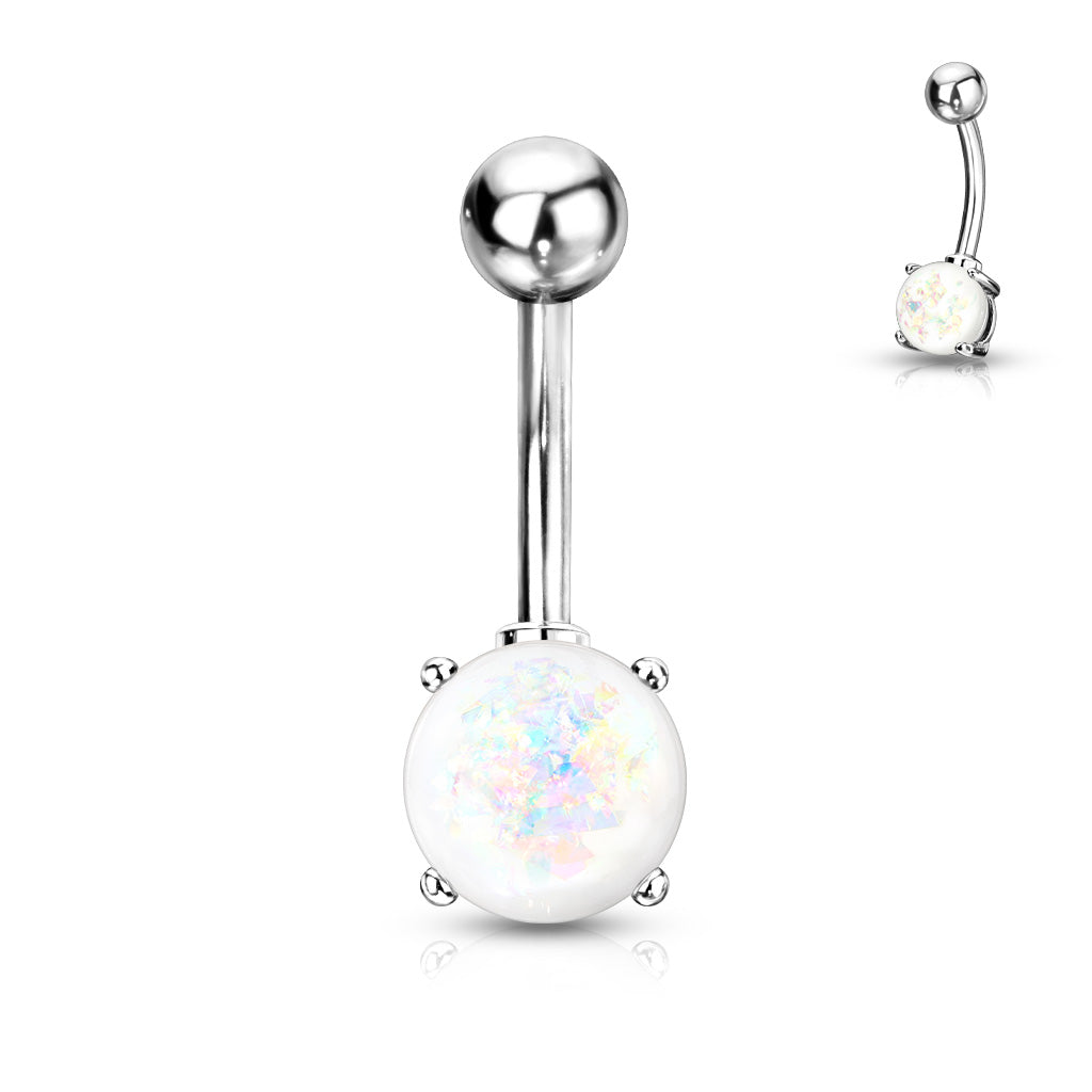 316L Surgical Steel Opal Glitter Prong Set Belly Button Ring - White