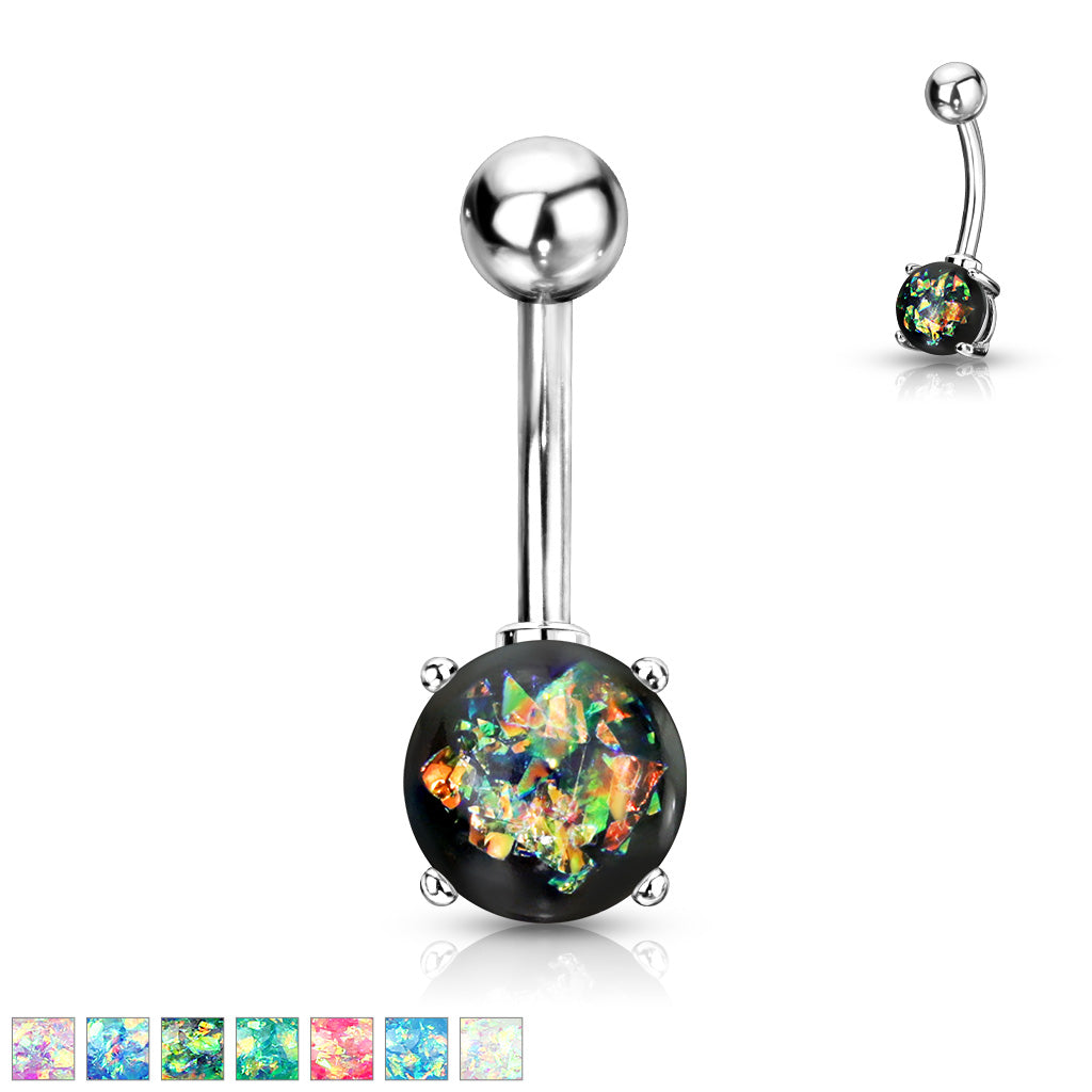 316L Surgical Steel Opal Glitter Prong Set Belly Button Ring - all colors