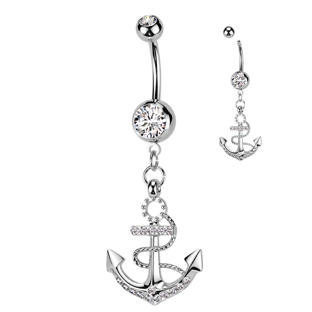 316L Surgical Steel Anchor Gemmed Dangle Belly Button Ring - Clear