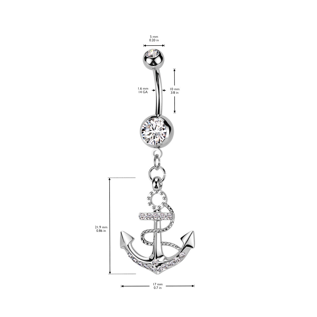 316L Surgical Steel Anchor Gemmed Dangle Belly Button Ring size chart