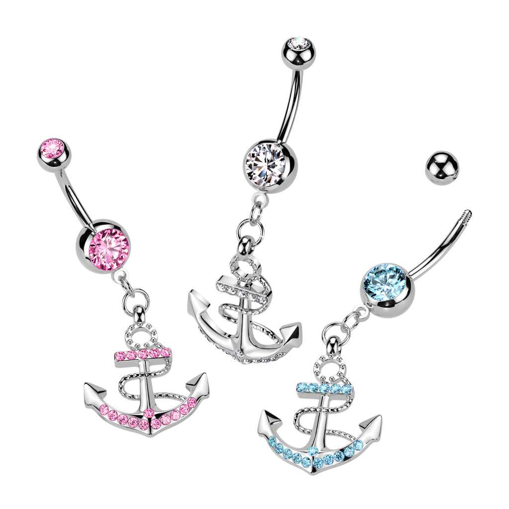 316L Surgical Steel Anchor Gemmed Dangle Belly Button Ring - all colors