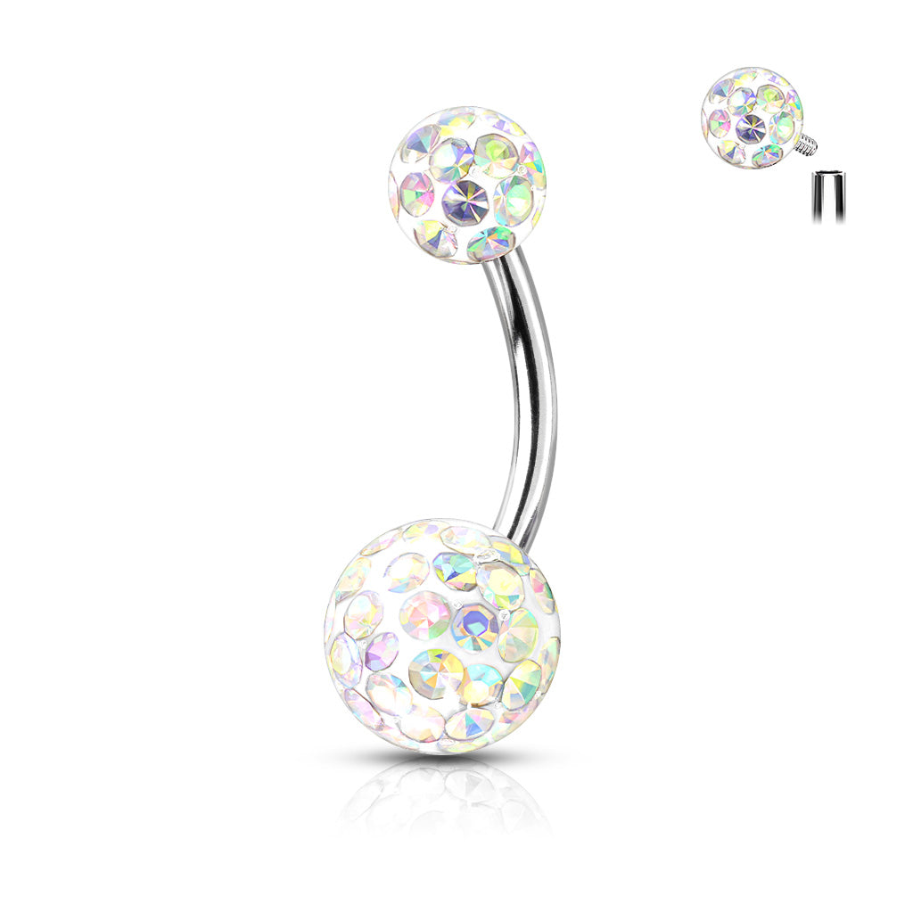 316L Internally Threaded Belly Ring With Ferido Crystal Balls - Aurora Borealis