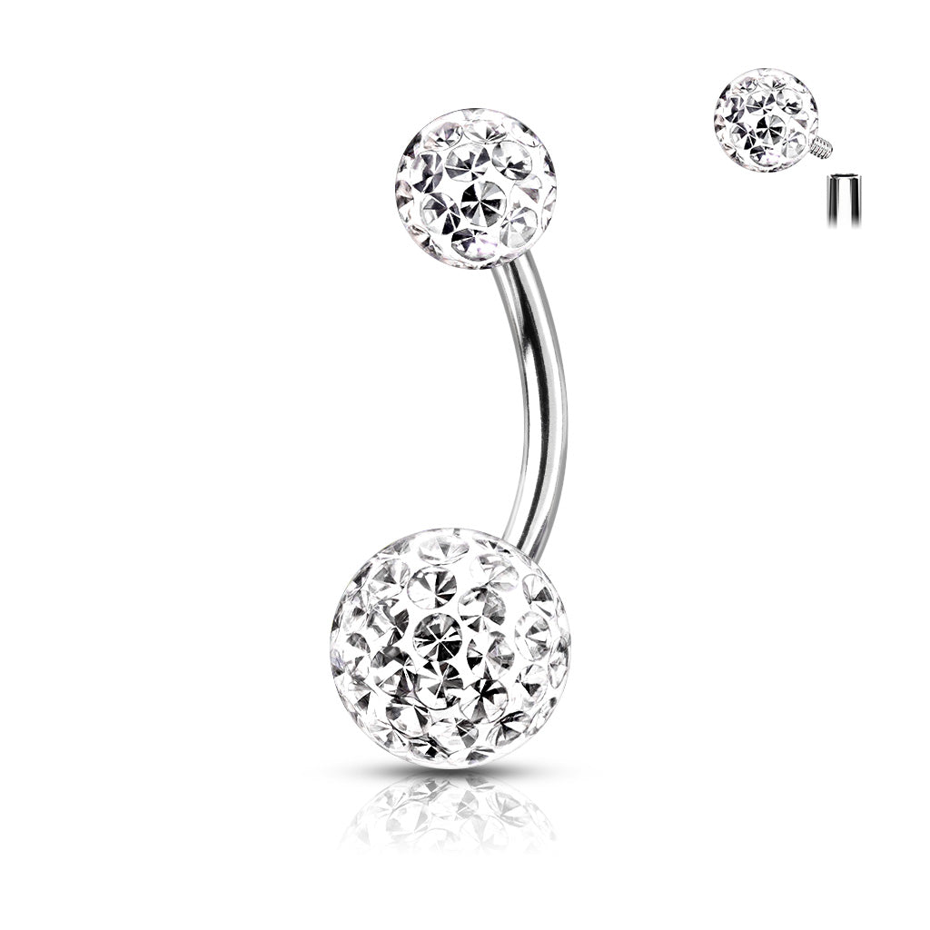 316L Internally Threaded Belly Ring With Ferido Crystal Balls - Clear