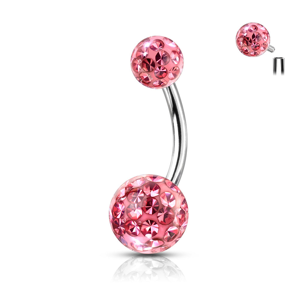 316L Internally Threaded Belly Ring With Ferido Crystal Balls - Pink