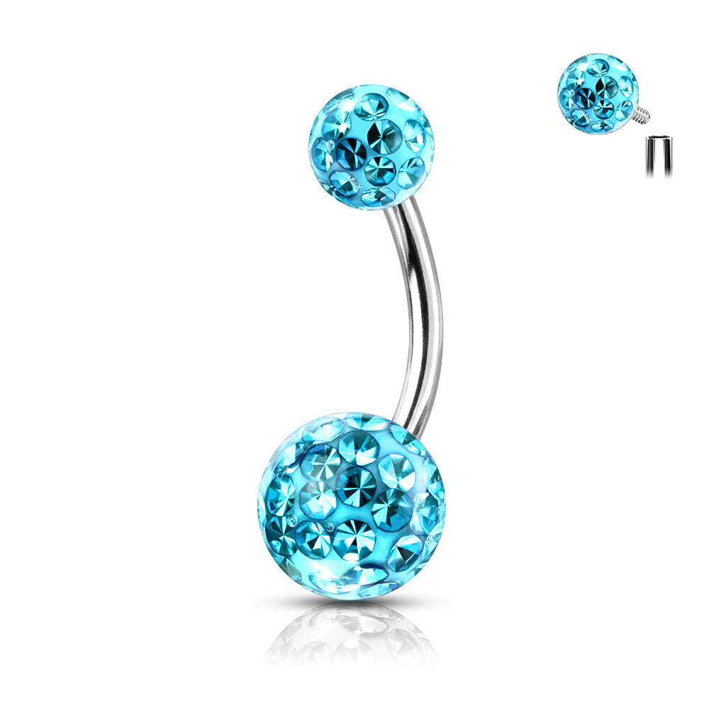 316L Internally Threaded Belly Ring With Ferido Crystal Balls - Aqua