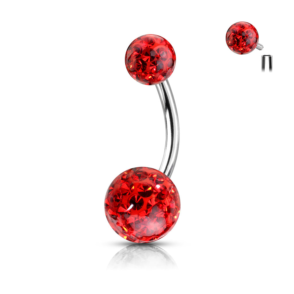 316L Internally Threaded Belly Ring With Ferido Crystal Balls - Red