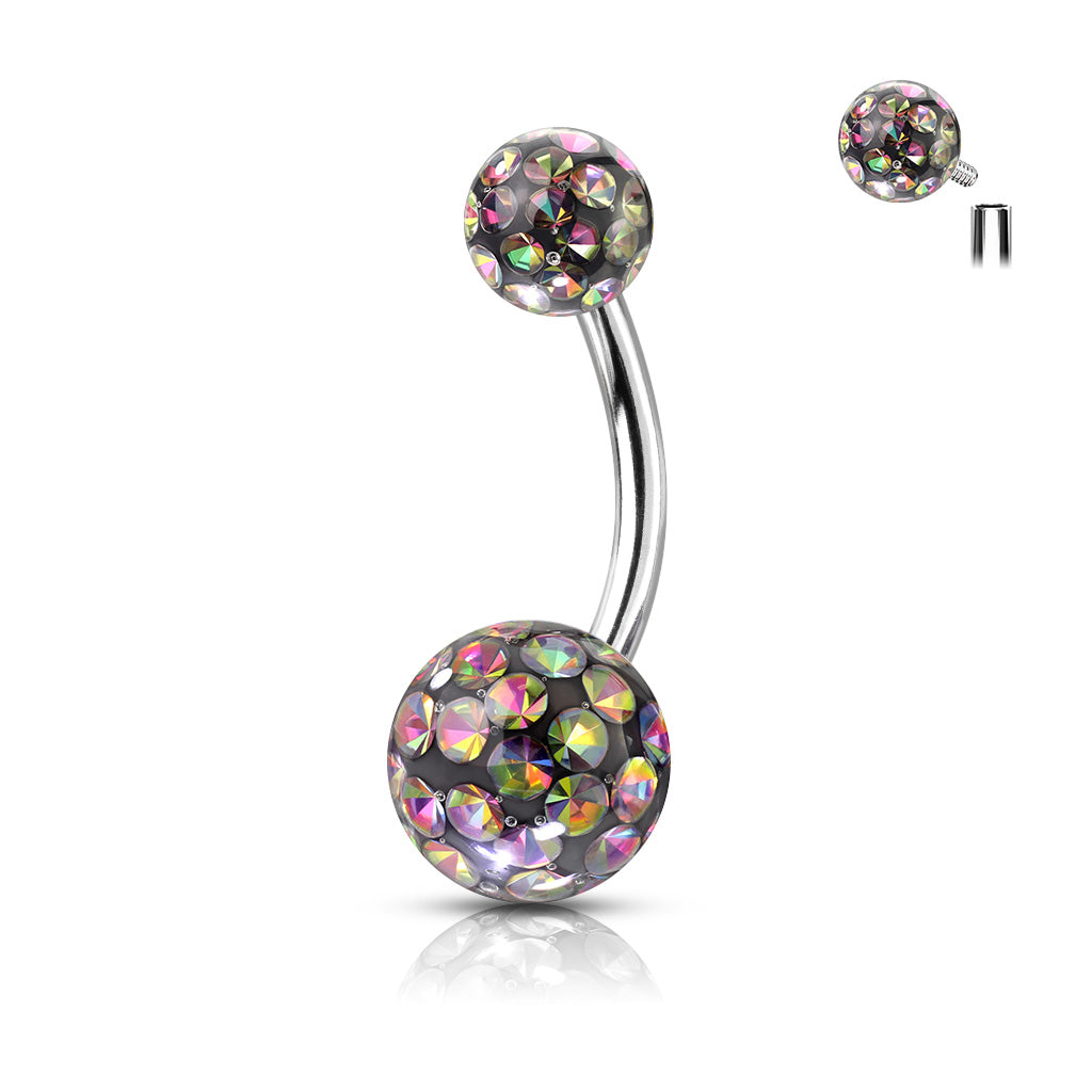316L Internally Threaded Belly Ring With Ferido Crystal Balls - Vitrail Medium