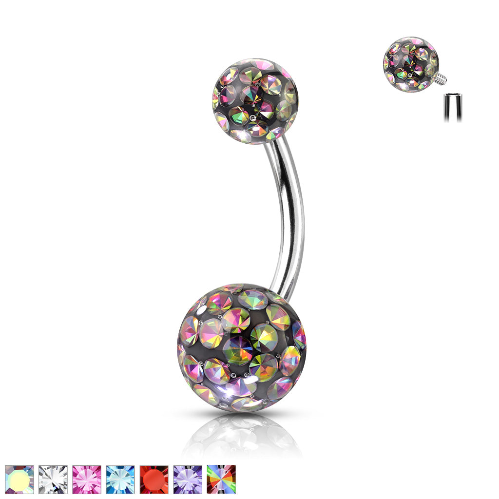 316L Internally Threaded Belly Ring With Ferido Crystal Balls - all colors