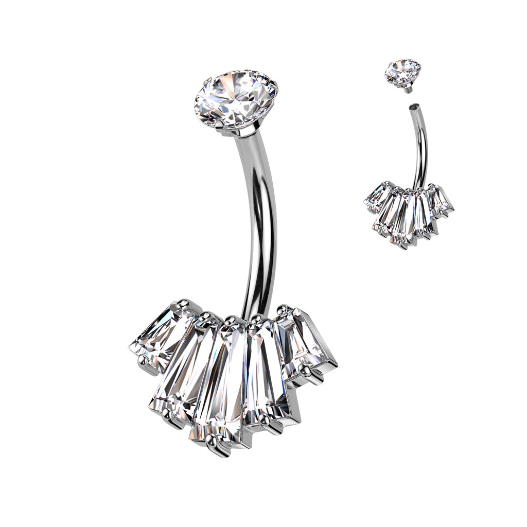 316L Surgical Steel Belly Ring With Internally Threaded Round CZ Top and 5 Baguette CZ Set Fan Bottom - Clear