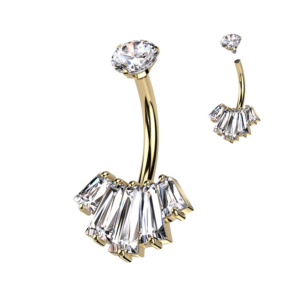 316L Surgical Steel Belly Ring With Internally Threaded Round CZ Top and 5 Baguette CZ Set Fan Bottom - Gold/Clear