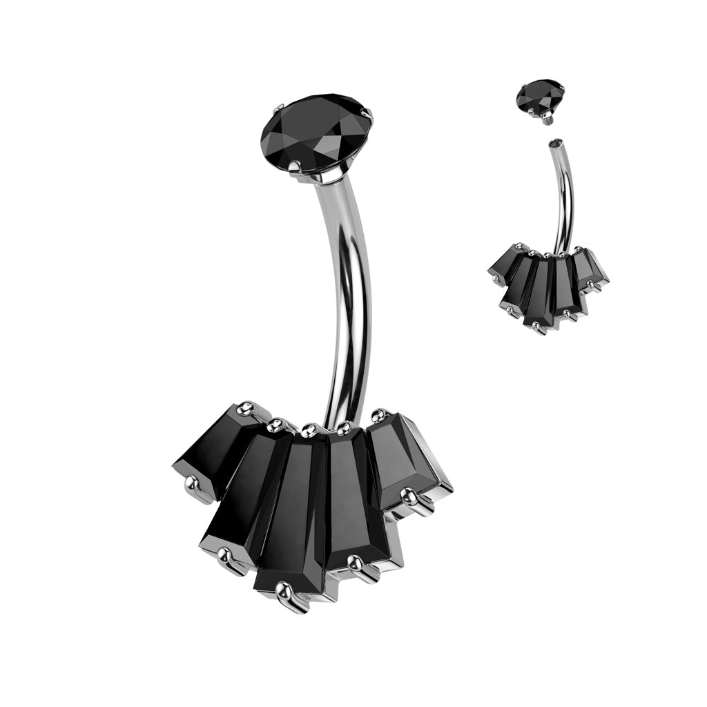 316L Surgical Steel Belly Ring With Internally Threaded Round CZ Top and 5 Baguette CZ Set Fan Bottom - Black