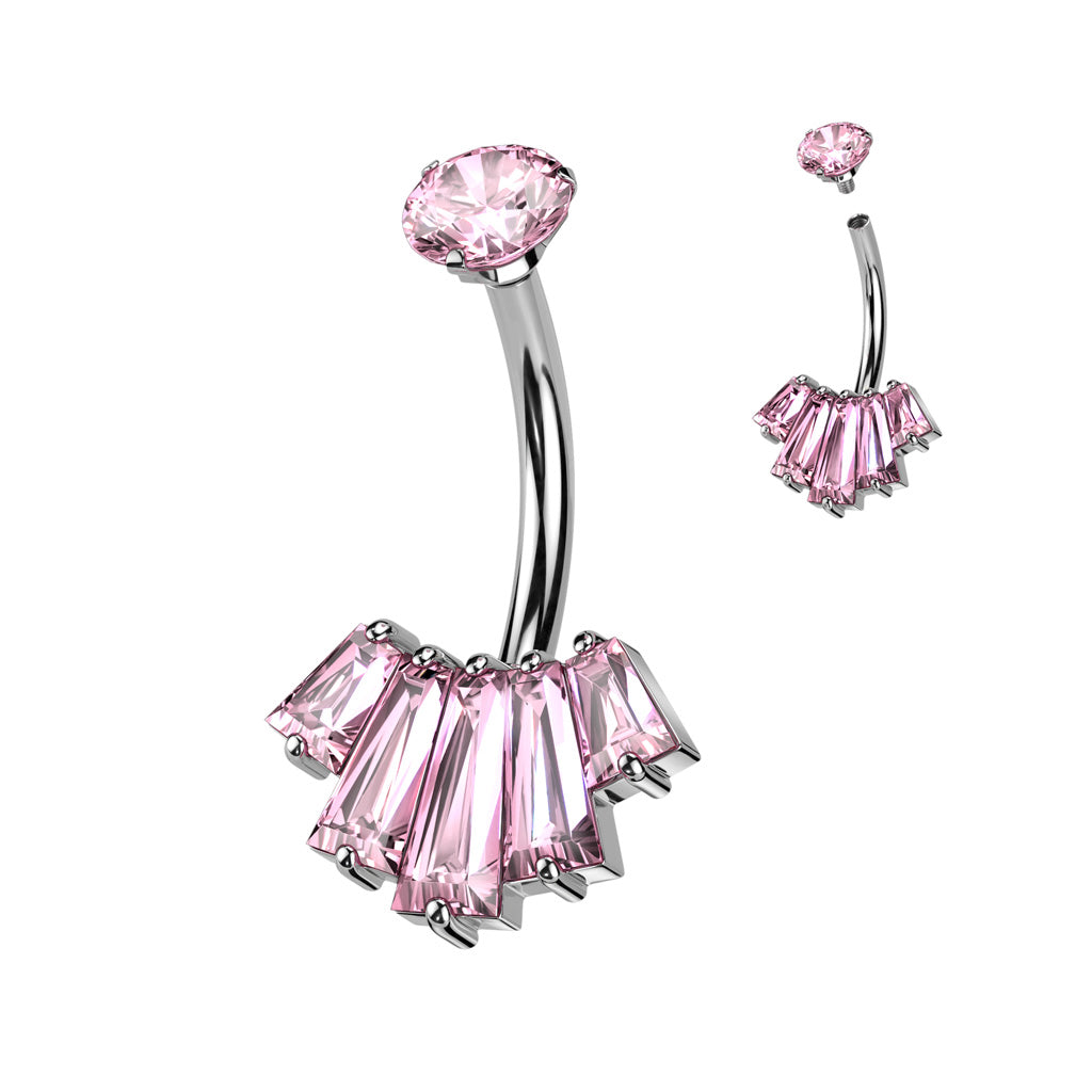 316L Surgical Steel Belly Ring With Internally Threaded Round CZ Top and 5 Baguette CZ Set Fan Bottom - Pink