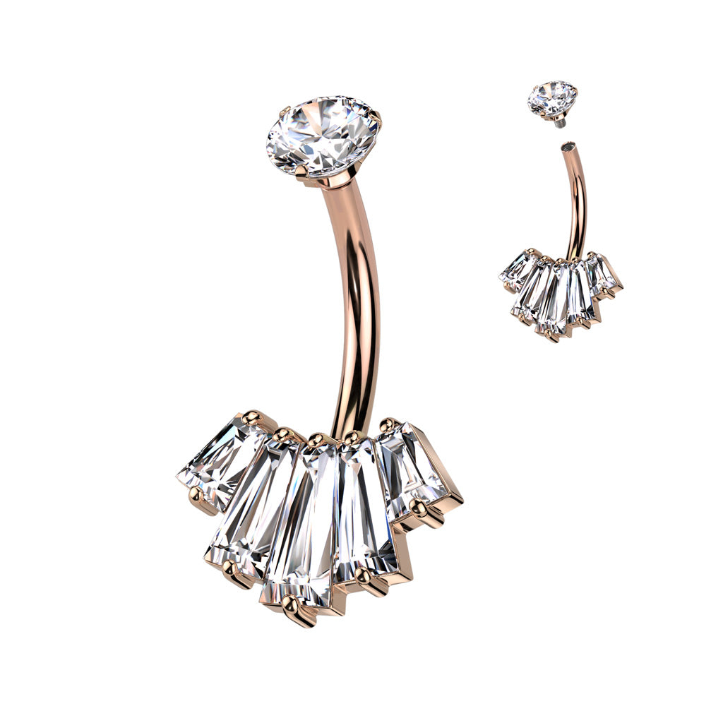 316L Surgical Steel Belly Ring With Internally Threaded Round CZ Top and 5 Baguette CZ Set Fan Bottom - Rose Gold/Clear