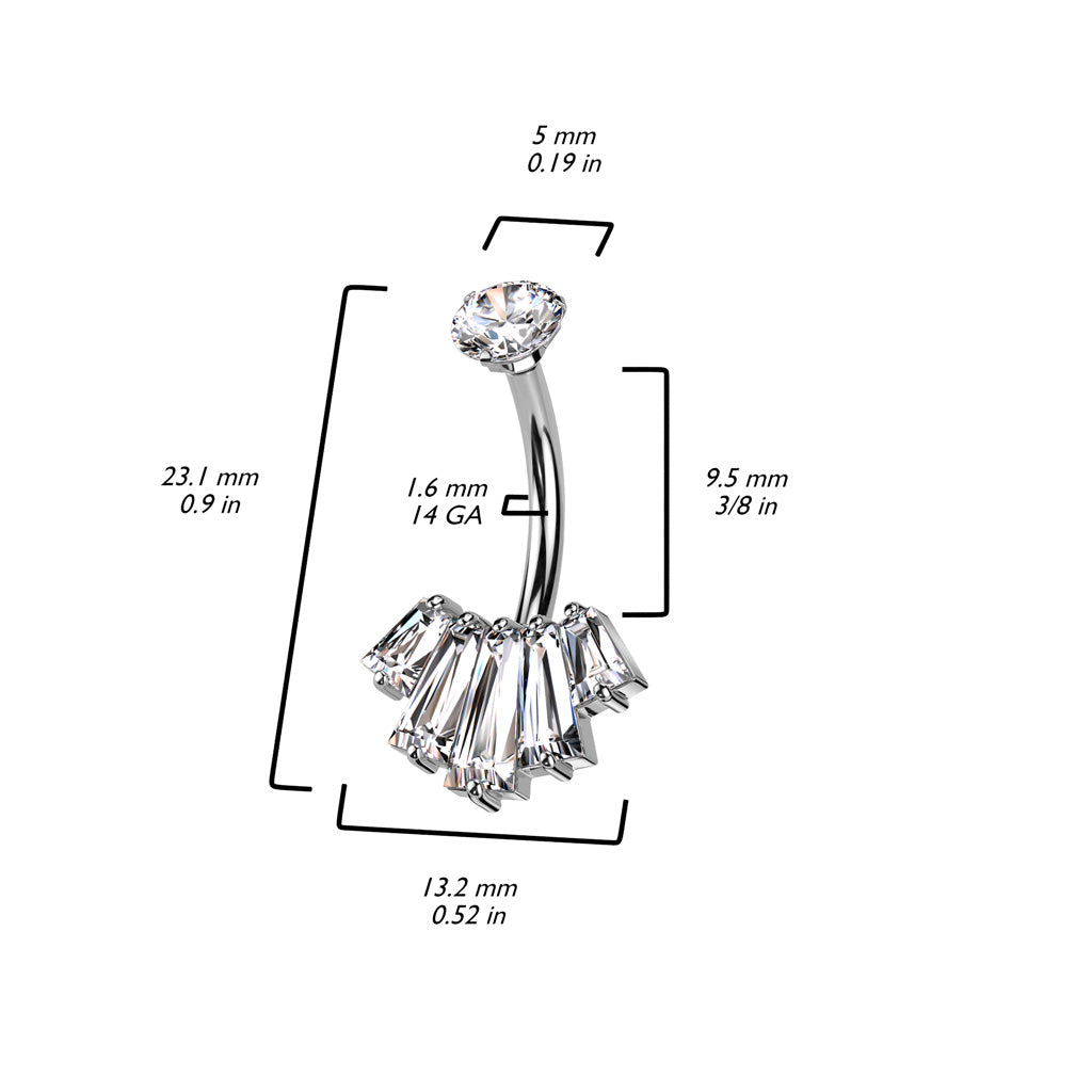 316L Surgical Steel Belly Ring With Internally Threaded Round CZ Top and 5 Baguette CZ Set Fan Bottom size chart