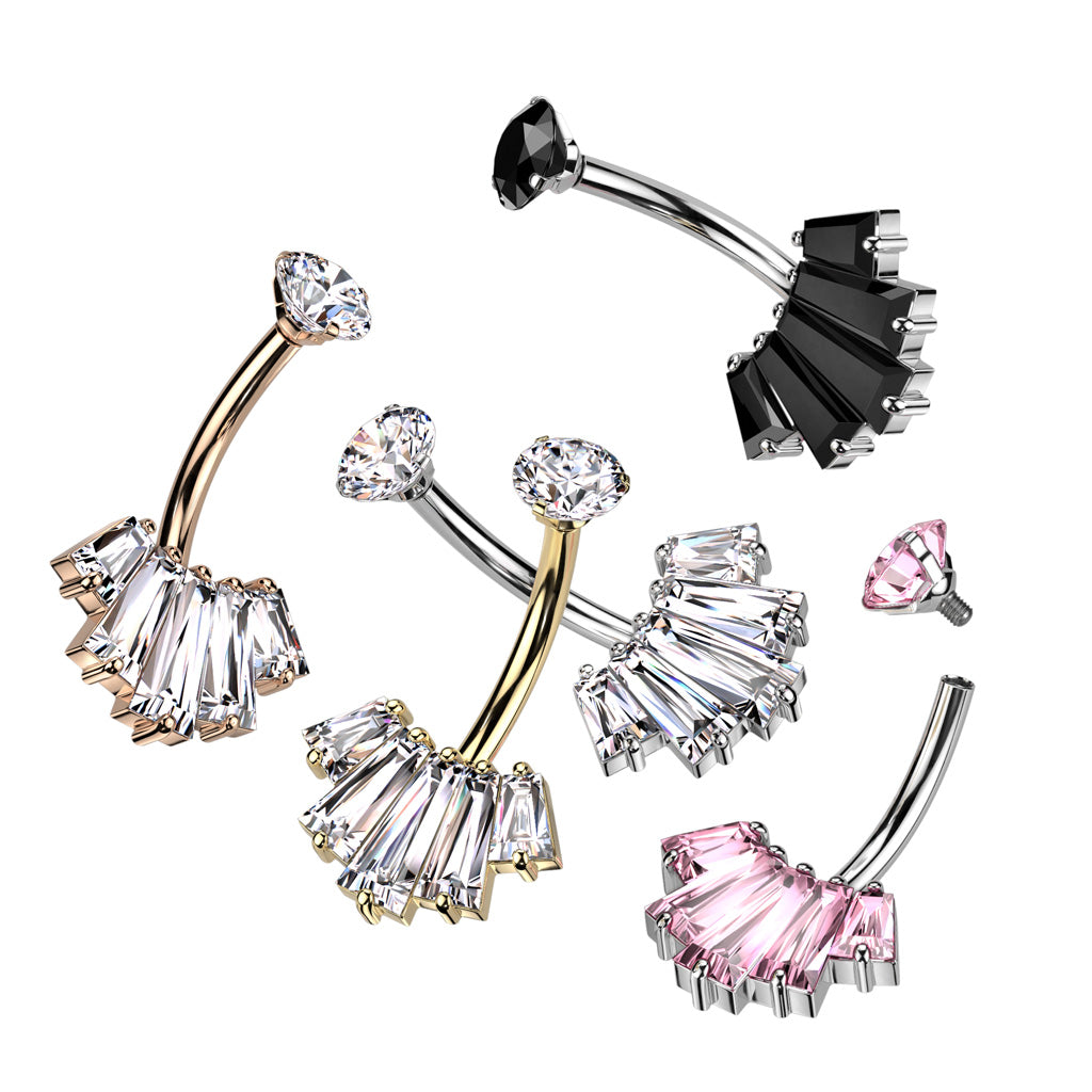 316L Surgical Steel Belly Ring With Internally Threaded Round CZ Top and 5 Baguette CZ Set Fan Bottom - all colors