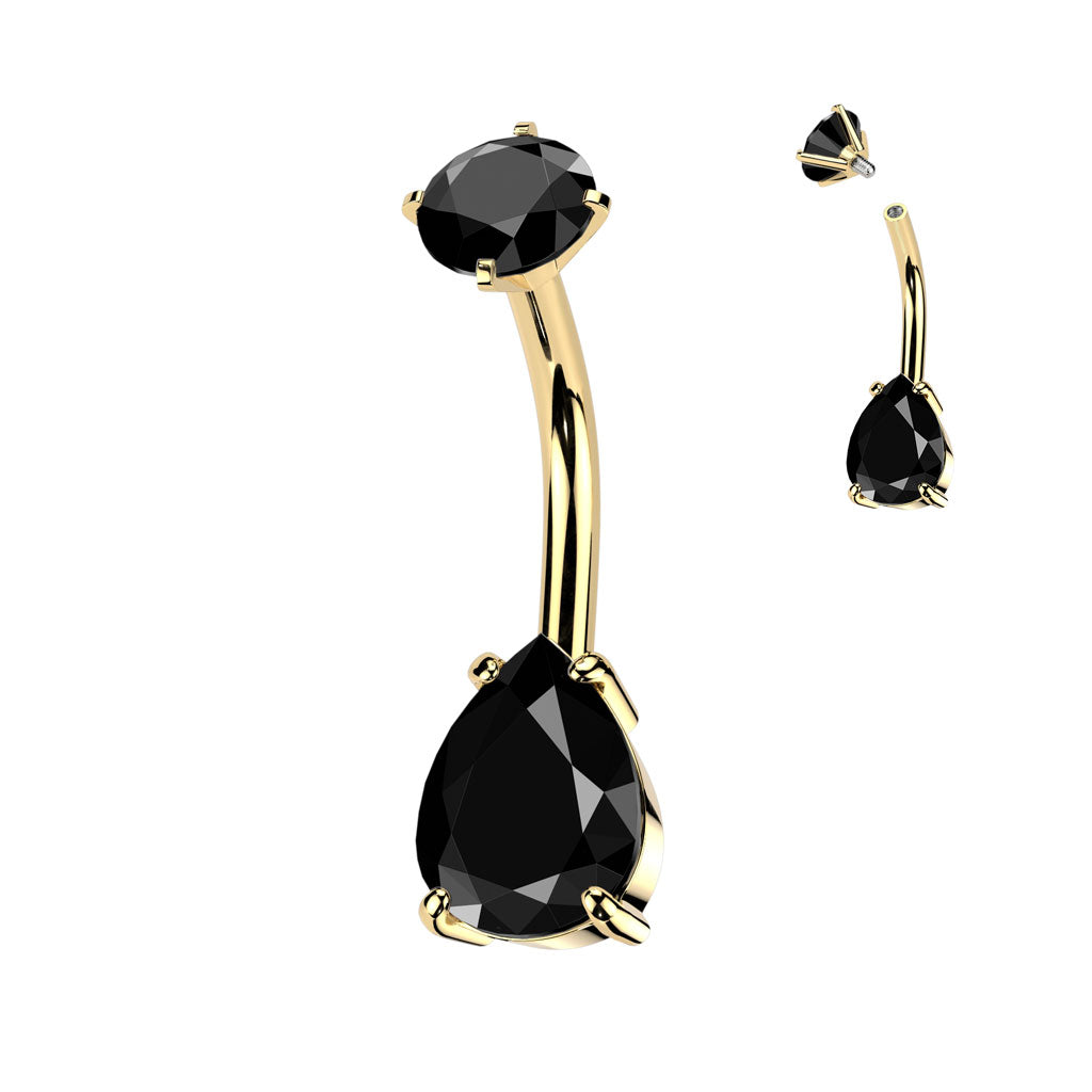 316L Surgical Steel Internally Threaded Prong Set Teardrop CZ Belly Button Ring With Round CZ Prong Set Top - Gold/Black