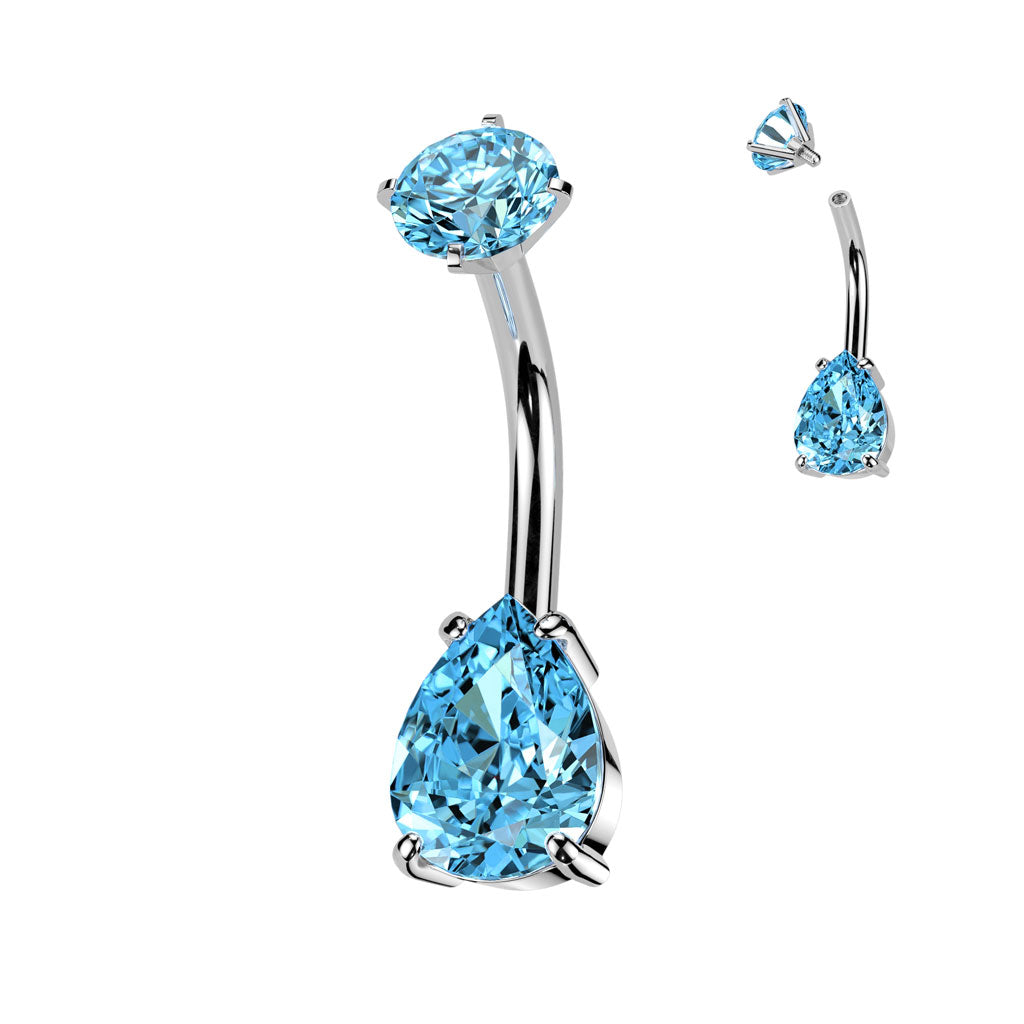 316L Surgical Steel Internally Threaded Prong Set Teardrop CZ Belly Button Ring With Round CZ Prong Set Top - Aqua