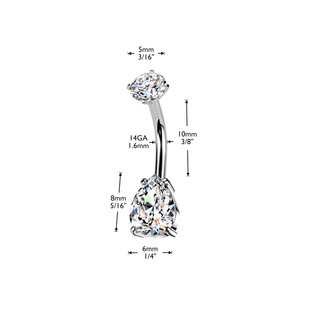 316L Surgical Steel Internally Threaded Prong Set Teardrop CZ Belly Button Ring With Round CZ Prong Set Top size chart