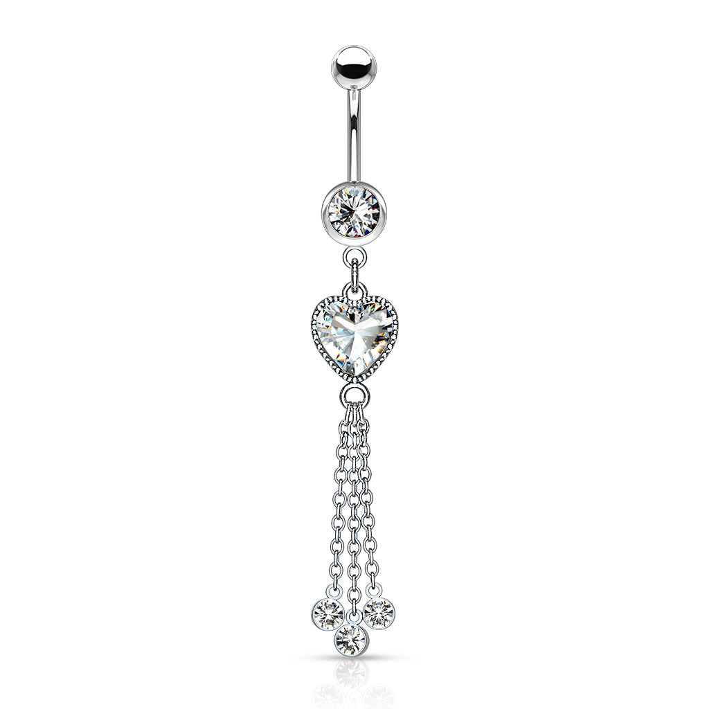 316L Surgical Steel Heart CZ and Chains With CZ Dangle Belly Button Ring - Clear