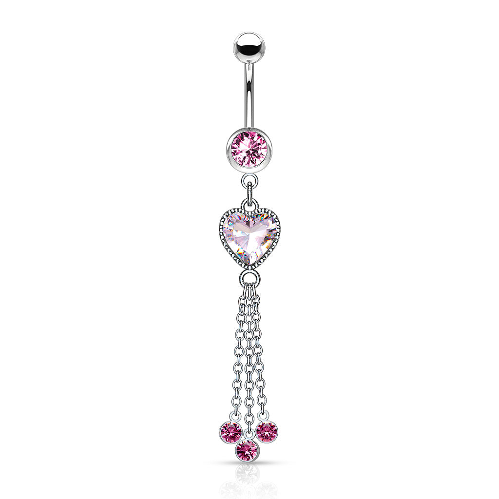 316L Surgical Steel Heart CZ and Chains With CZ Dangle Belly Button Ring - Pink