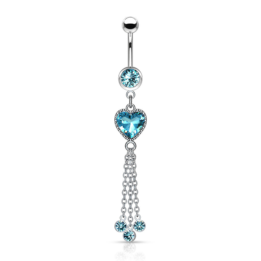 316L Surgical Steel Heart CZ and Chains With CZ Dangle Belly Button Ring - Aqua