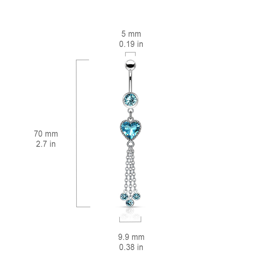 316L Surgical Steel Heart CZ and Chains With CZ Dangle Belly Button Ring size chart